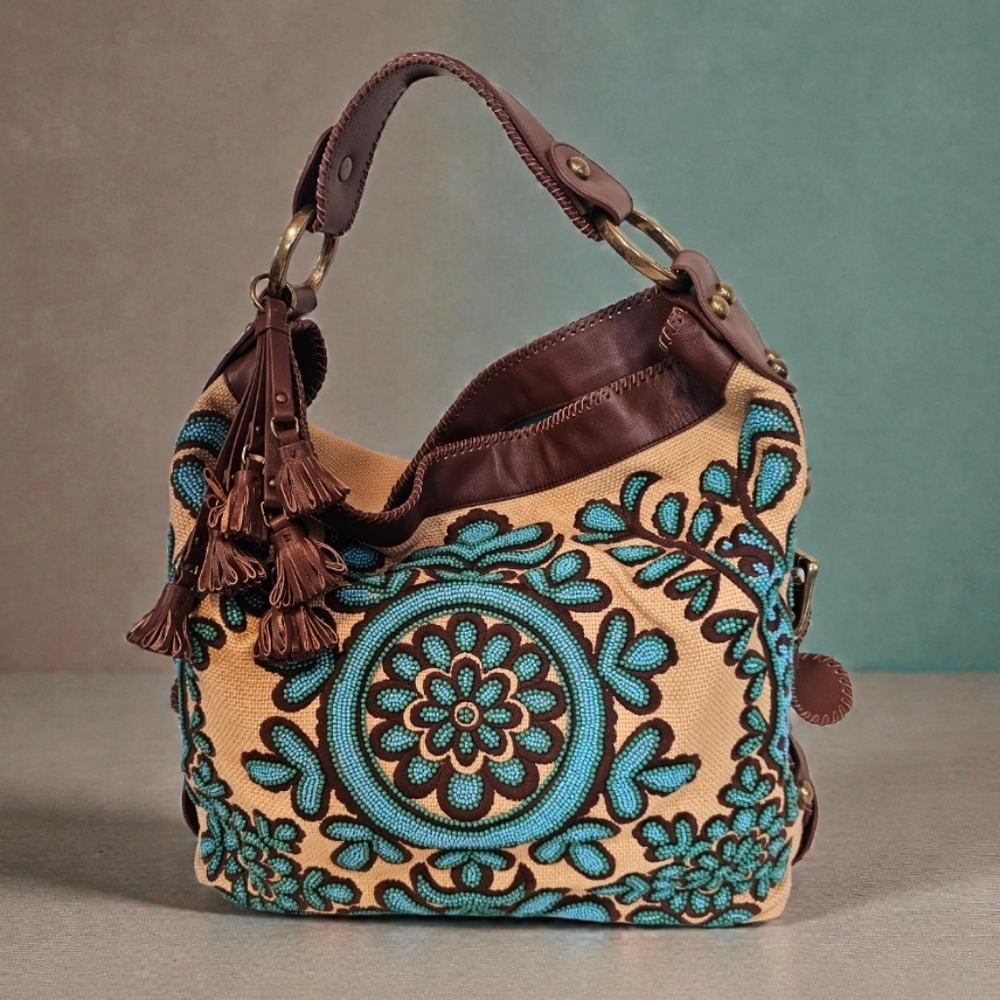 Isabella Foria RARE Turquoise Beaded Bohemian Suzani Carina Large Hobo Bag